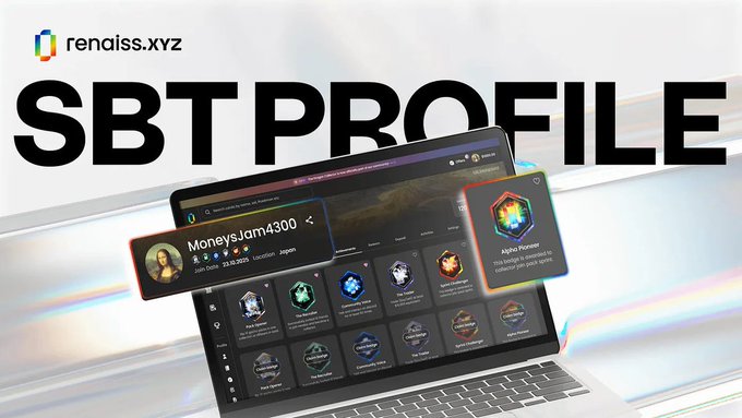 A promotional graphic with 'rendaiss.xyz' logo and 'SBT PROFILE' text, showing a laptop displaying a digital collectibles platform with a user profile for 'MoneysJam4300' and an 'Alpha Pioneer' badge pop-up.