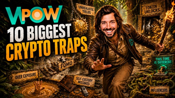 A YouTube thumbnail titled 'WPOW 10 BIGGEST CRYPTO TRAPS' featuring a smiling man holding a torch in a jungle temple setting, surrounded by warning signs like 'UNREALISTIC YIELDS,' 'FOMO,' 'OVER EXPOSURE,' 'SELF-CUSTODY MISTAKES,' 'TOKEN UNLOCKS,' and 'INFLUENCERS,' with text stating 'THIS TIME IS DIFFERENT.'
