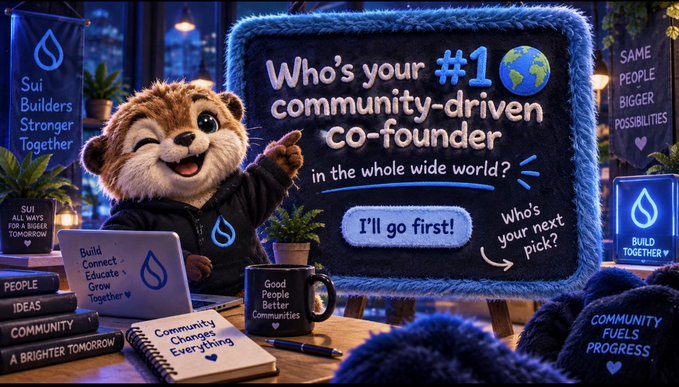 Promotional graphic featuring a cute otter mascot in a hoodie with the Sui logo, asking 'Who's your #1 community-driven co-founder in the whole wide world?' with an 'I'll go first!' button.