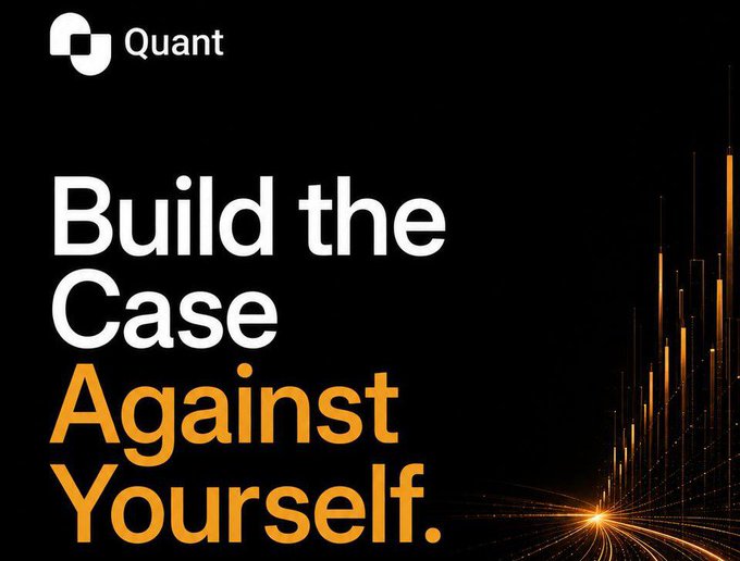 A promotional graphic with the Quant logo and the tagline "Build the Case Against Yourself" in white and gold text on a black background, featuring glowing orange light streaks on the right side.