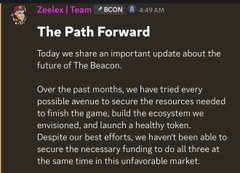 A post from 'Zealex | Team $BOB' titled 'The Path Forward' explaining that despite best efforts, the team was unable to secure funding to finish the game.