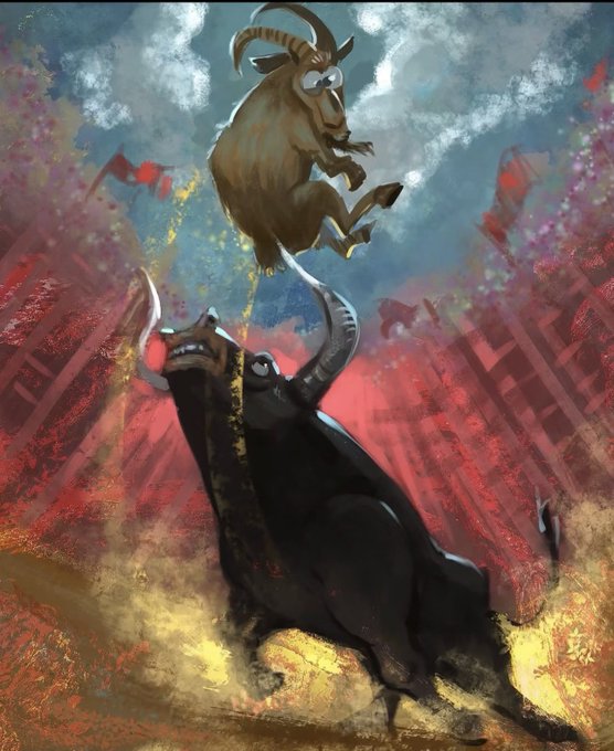 A stylized digital painting depicting a dramatic scene with a brown goat leaping through the air above a large black bull with horns, set against a chaotic background of red and yellow explosions and blue sky.
