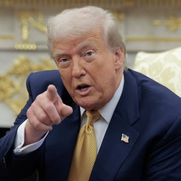 Donald Trump points directly at the camera in this image, which accompanies news that Trump Media is terminating a planned partnership with Crypto.com.