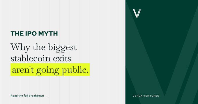 A blog header for Verda Ventures titled 'THE IPO MYTH' with the headline 'Why the biggest stablecoin exits aren't going public.' highlighted in yellow.