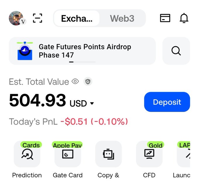 A mobile app interface showing 'Gate Futures Points Airdrop Phase 147' with an estimated total value of '504.93 USD' and options like 'Cards Prediction', 'Gate Card', 'Copy &', 'CFD', and 'Launch'.