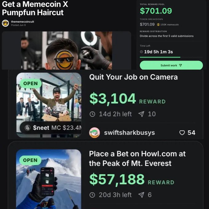 The image features several different posts related to a social media app called The @pumpfun app, which seems to be taking advantage of people's desperation to gain more followers by offering them incentives such as $3,1,104 reward for leaving their job on camera and $1738 reward for sharing the post. One person is even using the app to promote Pumpfun haircuts on Instagram and Facebook in exchange for money. The posts are displayed across multiple pages, highlighting different opportunities for users looking to make some quick cash.