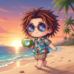An anime/chibi style illustration of a character with messy brown hair, sunglasses, and a floral Hawaiian shirt, holding a coconut while standing on a tropical beach at sunset.