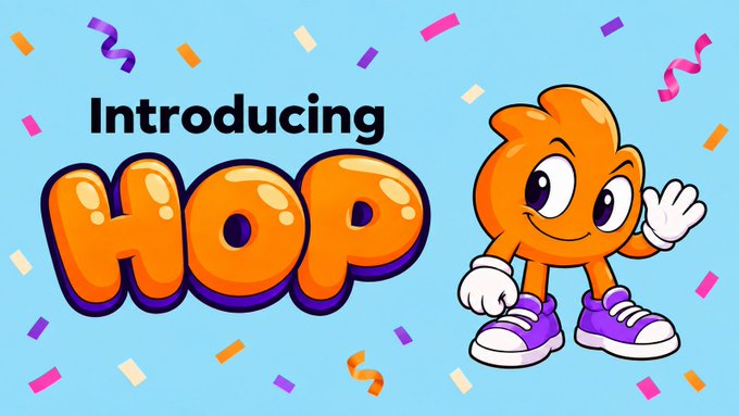 A blue promotional graphic titled 'Introducing HOOP' showing an orange cartoon character mascot waving alongside colorful confetti.