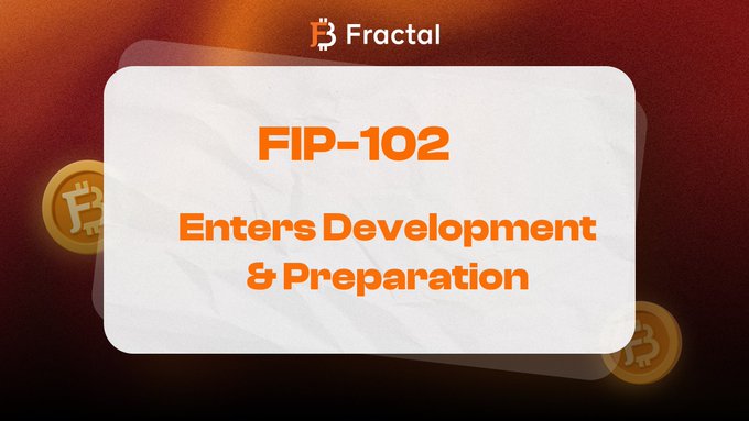 A graphic from Fractal announcing that "FIP-102 Enters Development & Preparation" with a Bitcoin logo in the background.