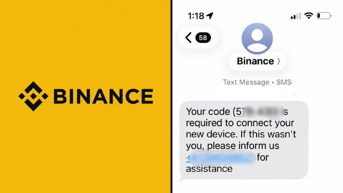 A Binance verification code SMS text message on an iPhone, with the Binance logo on the left, asking the user to input a code to connect a new device.