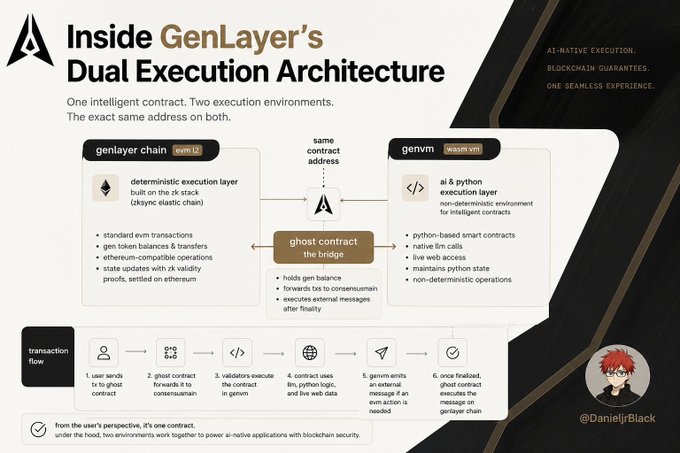 Infographic titled 'Inside GenLayer's Dual Execution Architecture' explaining one contract running on both genlayer chain (zkync) and genvm (wasm v8+) connected by a 'ghost contract the bridge', credited to @DanieljbBlack.