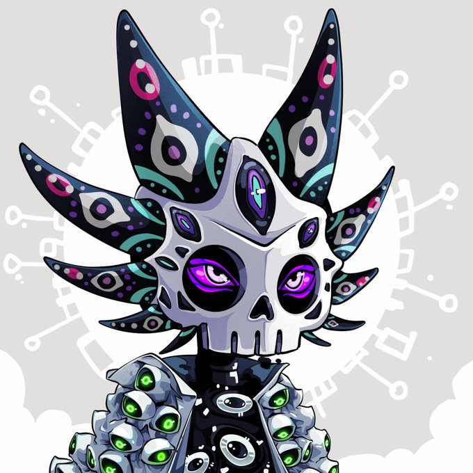 A stylized illustration of a character wearing a white skull mask with purple glowing eyes and dark, decorated horns, surrounded by a circular geometric halo pattern.