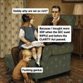 A meme image shows a man sitting on a couch with two monkeys, where the man asks 'Daddy, why are we so rich?' and a monkey replies explaining that billionaires bought the media, science, and the food industry.