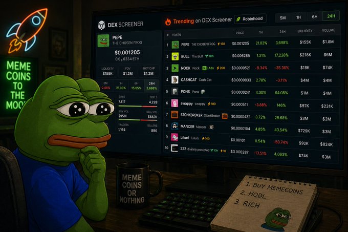 An AI-generated image of a Pepe the Frog character sitting at a computer showing the DEX Screener Trending page with various meme tokens, accompanied by a 'MEME COINS TO THE MOON' neon sign and a 'MEME COINS OR NOTHING' mug.