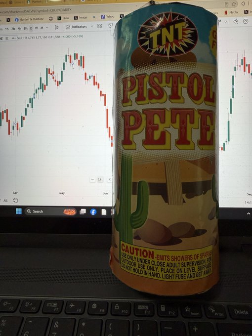 A TNT "Pistol Pete" firework stands in front of a laptop displaying a candlestick stock chart. The image humorously pairs the unpredictable, explosive nature of the Pistol Pete firework with the volatile Bitcoin price chart, both representing uncertainty about what's coming next.