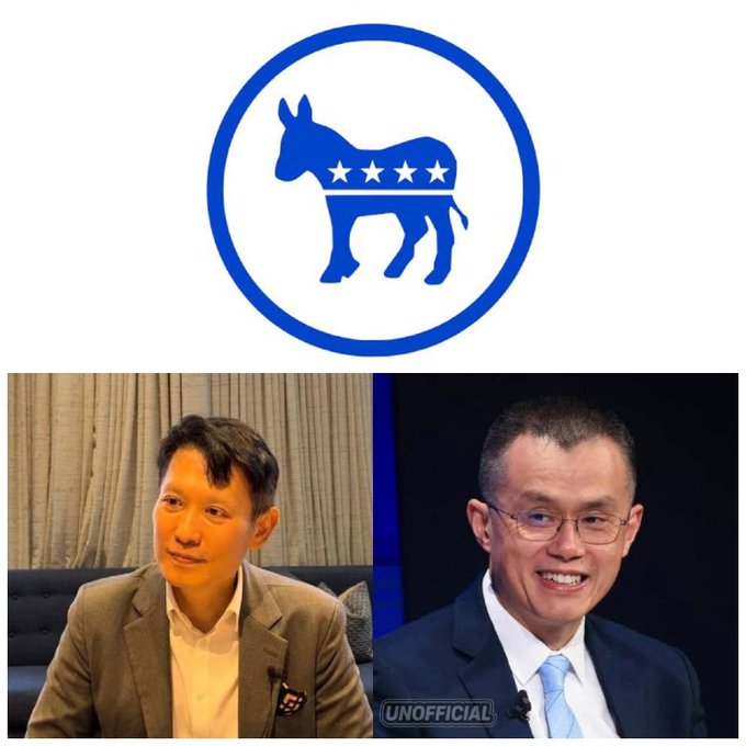 A collage featuring the blue Democratic Party donkey logo at the top, with two photos of Asian men in suits below; the word 'UNOFFICIAL' is displayed between them.