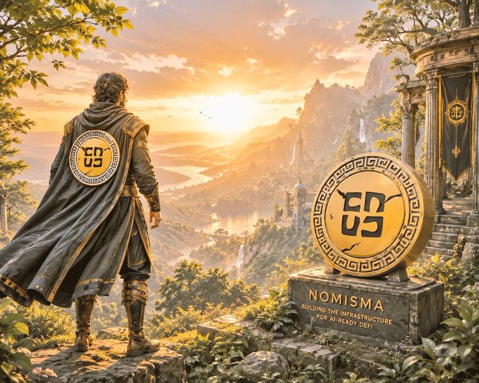 A fantasy landscape showing a cloaked figure looking out over a valley toward a golden coin monument labeled 'NOMISMA' with text reading 'BUILDING THE INFRASTRUCTURE FOR AI-READY DEFI' and symbols 'GG' and 'EG'.