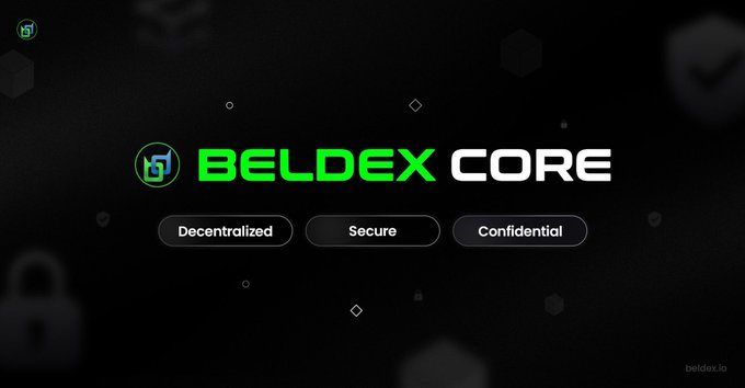A dark promotional banner shows the 'BELDEX CORE' logo in green and white with three pill-shaped labels reading 'Decentralized', 'Secure', and 'Confidential', with the URL 'beldex.io' in the corner.