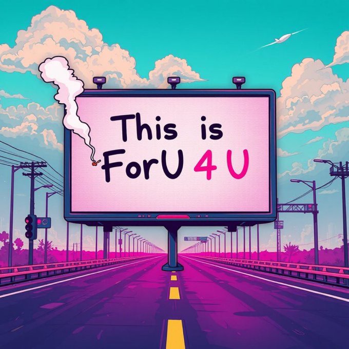 The image features a large billboard with pink text that reads "This is FORU 4U" written in white letters, accompanied by an illustration of a road going through a city. The billboard is located at the center of the image, surrounded by various elements such as trees and buildings. In the background, there are traffic lights visible on both sides of the road depicted on the billboard.