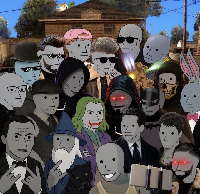 An illustration featuring a crowded group of grey-faced, minimalistic characters resembling the NPC meme, mixed with pop-culture figures including the Joker and a skull-faced character, set against a house backdrop.