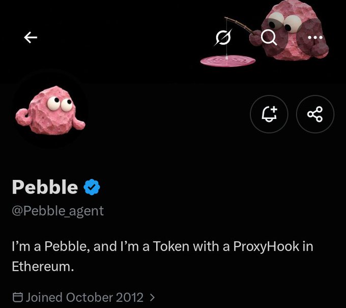 A Twitter/X profile page for 'Pebble' (@Pebble_agent) with a pink rock-like mascot, describing itself as 'a Token with a ProxyHook in Ethereum.'