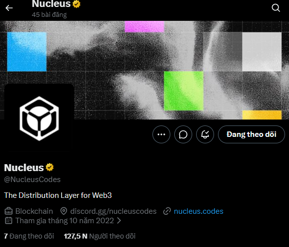 A Twitter/X profile for 'Nucleus' (@NucleusCodes), verified, described as 'The Distribution Layer for Web3' with a geometric cube icon, joined October 2022, with 127.5K followers.