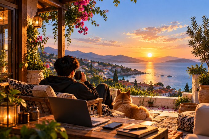 AI-generated or illustrated image of a person relaxing on a Mediterranean-style balcony at sunset with a Shiba Inu dog, overlooking a coastal town.