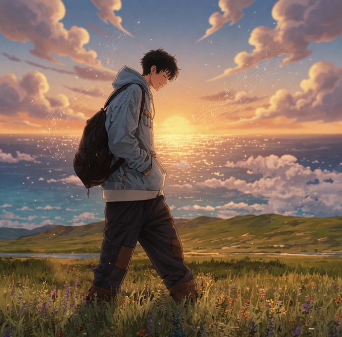 iced coffee with a straw, backpack, and water bottle on the table, set against a sunset over a body of water.