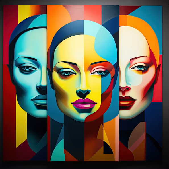A vibrant pop-art style painting featuring three stylized female faces rendered in bold blue, yellow, orange, and red geometric color blocks.