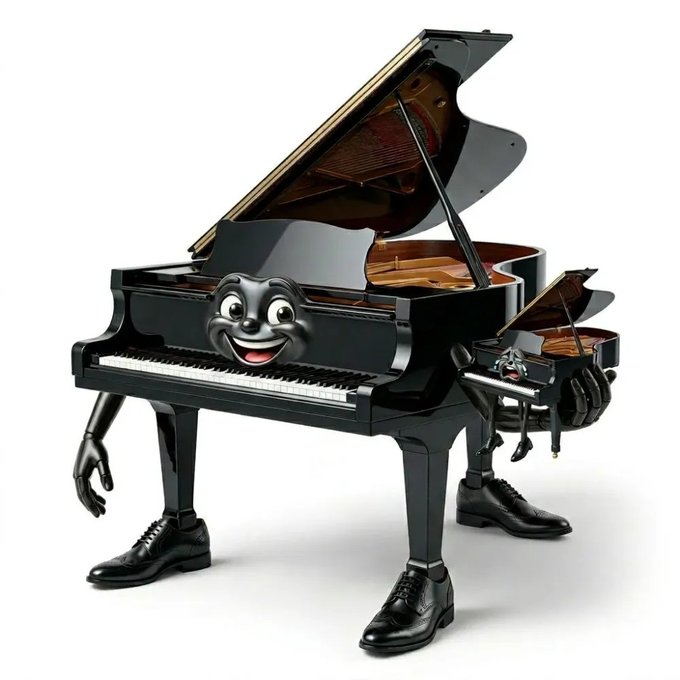 The image features a black and white piano with a smiling face painted on its lid, giving it a unique and whimsical appearance. The piano has two open keys, one of which is labeled "baby" as part of the face design. The piano appears to be made out of black wood and has black shoes attached to each leg for added character. The post seems to be promoting an event or gathering related to music, possibly a concert or performance involving this unique and amusing piano.