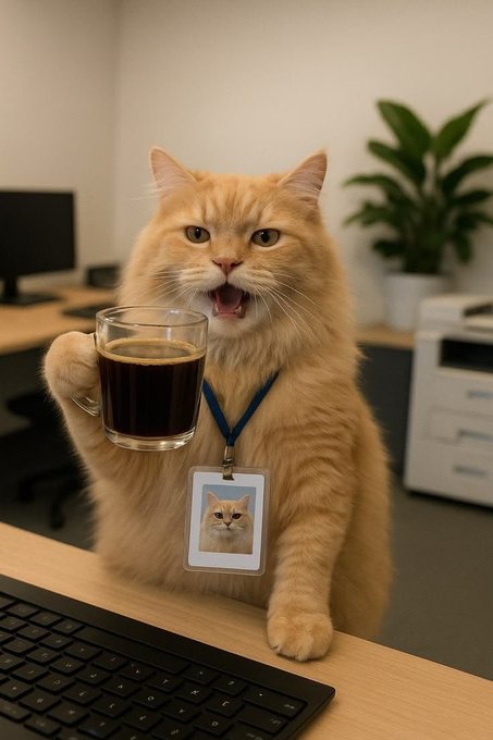 The image features an orange cat sitting at a desk with a computer keyboard, holding a cup of coffee and wearing a lanyard tag that says "legend" on it. The cat appears to be enjoying its coffee break while working or playing around in front of a monitor. The caption provided seems unrelated to the main subject matter but is still relevant as it highlights the importance of digital security in today's world, which can be inferred from the post about @quipnetwork.