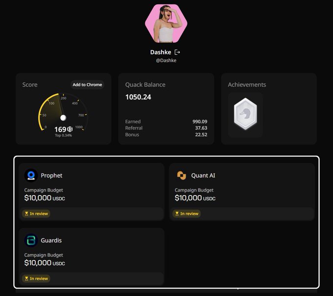 The image shows a screenshot of a website called "Wallchain" with various information displayed, including a list of campaigns that have recently launched. The top 0.34% of users who have just applied to these campaigns are listed below the main post. The post itself is titled "My @wallchain score is 169 (for the culture)" and it has been shared on social media platforms like Twitter and Instagram.