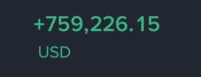 A dark screen displaying '+759,226.15 USD' in green text, likely from a financial or trading application showing a positive balance.