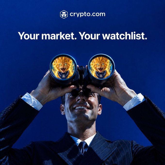 A crypto.com promotional image featuring a man in a suit smiling while looking through binoculars that display roaring orange lion graphics, with the tagline "Your market. Your watchlist." displayed against a dark blue background.