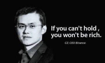 The image features a man wearing glasses with his face against a black background. Below him, there is text that reads "If you can't hold, you won't be rich." This quote seems to be related to the post about the CEO Binance, as indicated by the caption above it.