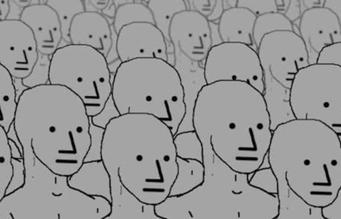 An illustration of a crowd of identical, faceless gray figures with simple line features for noses and mouths.