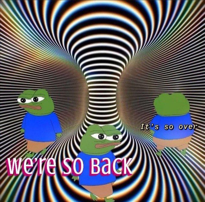The image features three Pepe the Frog characters against a psychedelic black-and-white spiral background, with one labeled "It's so over" and another accompanied by the text "We're so back," visually reinforcing the post's claim that $PEPE remains the greatest meme coin to ever exist through its playful comeback narrative.