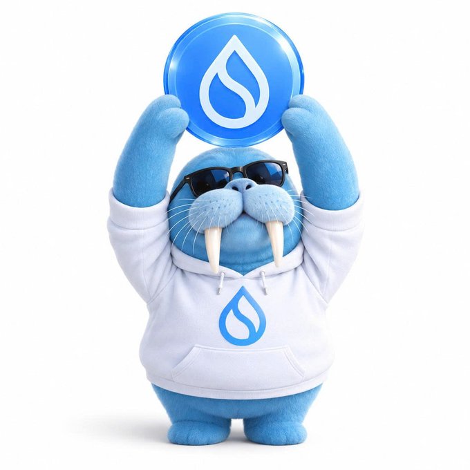 A cartoon blue walrus mascot wearing sunglasses and a white hoodie holds up a blue circular token featuring a water droplet logo above its head.