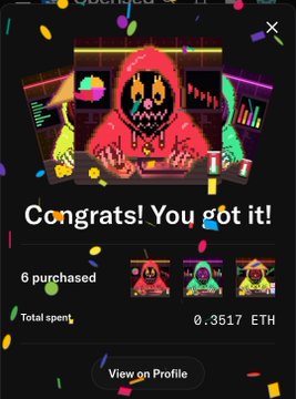 An NFT purchase confirmation screen showing "Congrats! You got it!" with "6 purchased" and a total spent of "0.3517 ETH", displaying a red skull-like character and collectible thumbnails.