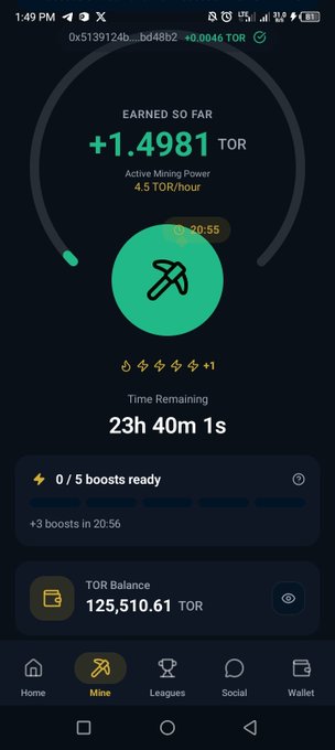 A screenshot of a mining app showing an active Torium ($TOR) mining session on day 49, with 1.4981 TOR earned, 4.5 TOR/hour active mining power, 23h 40m 1s remaining, and a total TOR balance of 125,510.61. The interface displays a mining progress circle, 0/5 boosts ready, and reinforces the post's message about ongoing mining efforts ahead of the next halving.