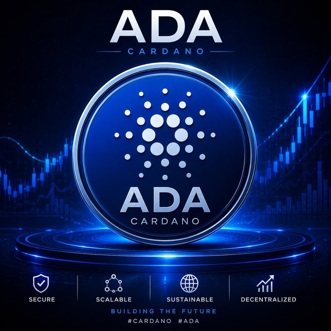 A promotional graphic for ADA CARDANO cryptocurrency featuring a blue coin with the Cardano logo, set against a background of rising stock charts, with icons labeled 'SECURE', 'SCALABLE', 'SUSTAINABLE', and 'DECENTRALIZED', and text reading 'BUILDING THE FUTURE #CARDANO #ADA'.