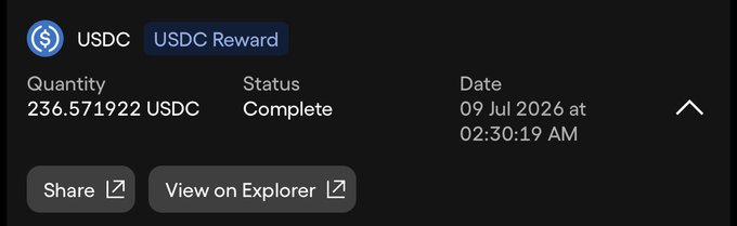 A transaction notification confirms the receipt of a USDC reward of 236.571922 USDC, labeled as "USDC Reward," completed on 09 Jul 2026 at 02:30:19 AM, aligning with the post celebrating the deposit of weekly USDC Ondo perpetual rewards.