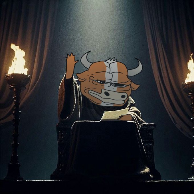 A cartoonish bull-headed figure sits on a throne holding a piece of paper, dressed in robes between two flaming torches on a dark stage.