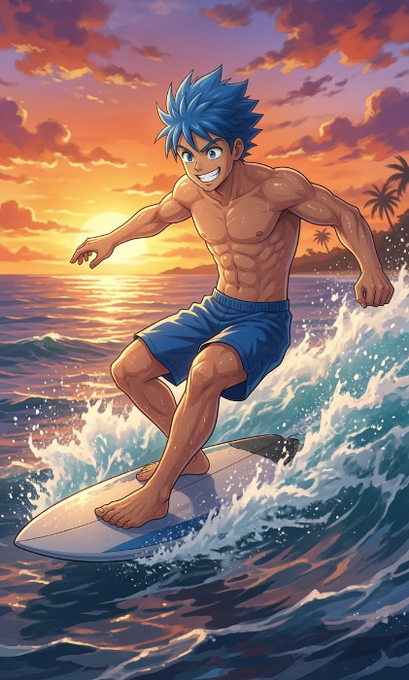 An anime-style illustration of a muscular blue-haired young man surfing on a wave at sunset, smiling enthusiastically while riding a white surfboard.