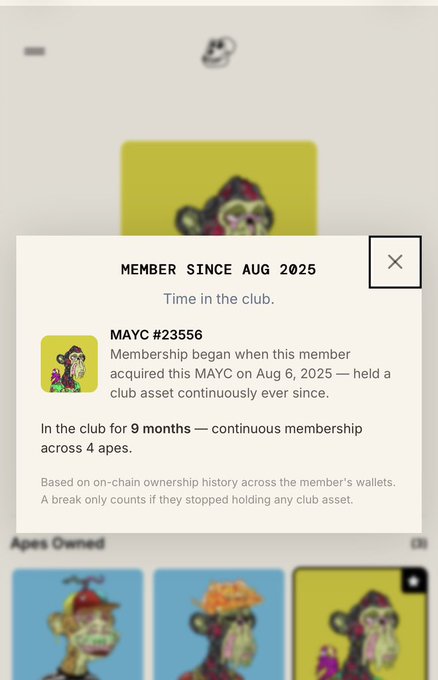 The image shows an app screen with a message from BAYC stating that members can access their club's website for more information about the club, including its history across the years. The text also mentions that there are currently over 4,000 members in the club and that they have been building this community since 2005.