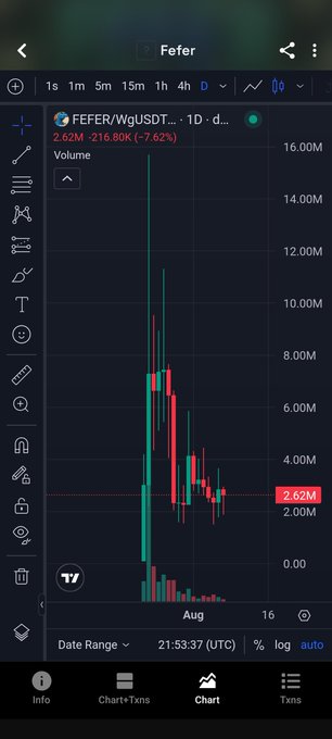 A TradingView chart of the $FEFER meme coin on Stable chain shows a massive peak followed by an 80%+ crash, now trading at 2.62M with -7.62% on the day, visualizing the token's dramatic pump-and-dump trajectory that prompted the poster to question whether FEFER believers still exist.