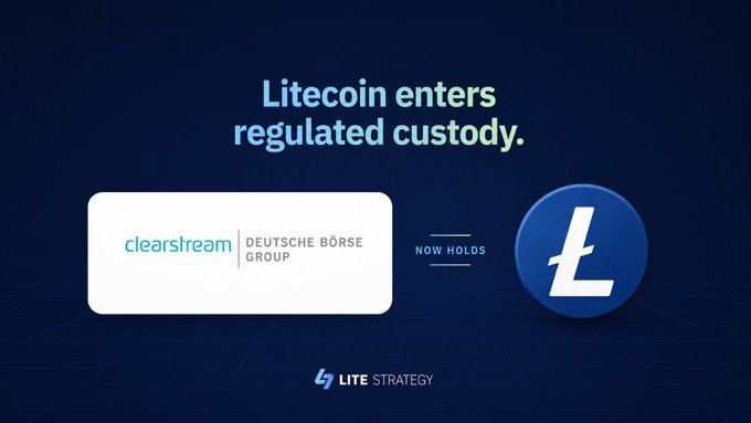 Announcement that Litecoin (L) is now held in regulated custody by Clearstream, part of Deutsche Börse Group, with 'LITE STRATEGY' branding.