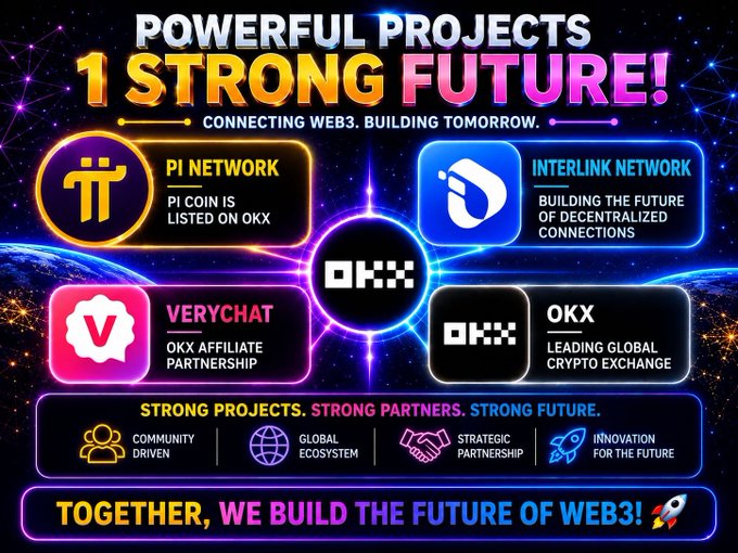 A promotional graphic titled 'POWERFUL PROJECTS 1 STRONG FUTURE!' highlighting partnerships between Pi Network, Interlink Network, Verychat, and OKX exchange, with the tagline 'CONNECTING WEB3. BUILDING TOMORROW.' and 'TOGETHER, WE BUILD THE FUTURE OF WEB3!'