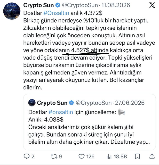 The image shows a Turkish X (formerly Twitter) post by verified user @CryptooSun dated 11.08.2026, discussing the #Onsaltın gold at a current price of $4.372 and noting a ~10% move, with the analyst emphasizing the key $4.527 resistance level remains intact for medium-term trend. This aligns with the accompanying post, which celebrates the analyst's precise $4.527 price prediction as gold reacted exactly from that resistance level, with the caption urging followers to read the highlighted chart text about this exact "point precision" call.