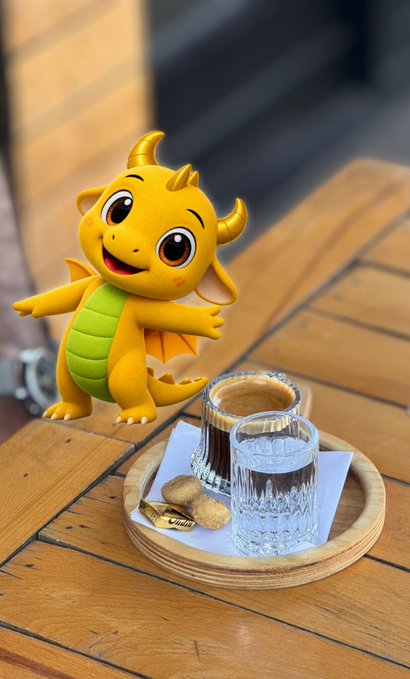 A cute cartoon yellow dragon figure posed on a wooden table next to a tray holding a glass of water and cookies.